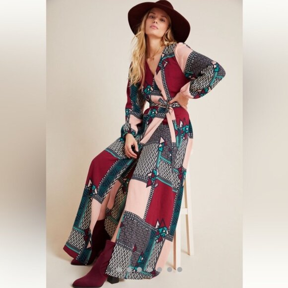 Anthropologie Dresses & Skirts - NWT Anthropologie Wrap Dress Maxi Long Sleeves patchwork PRINT size Medium MP